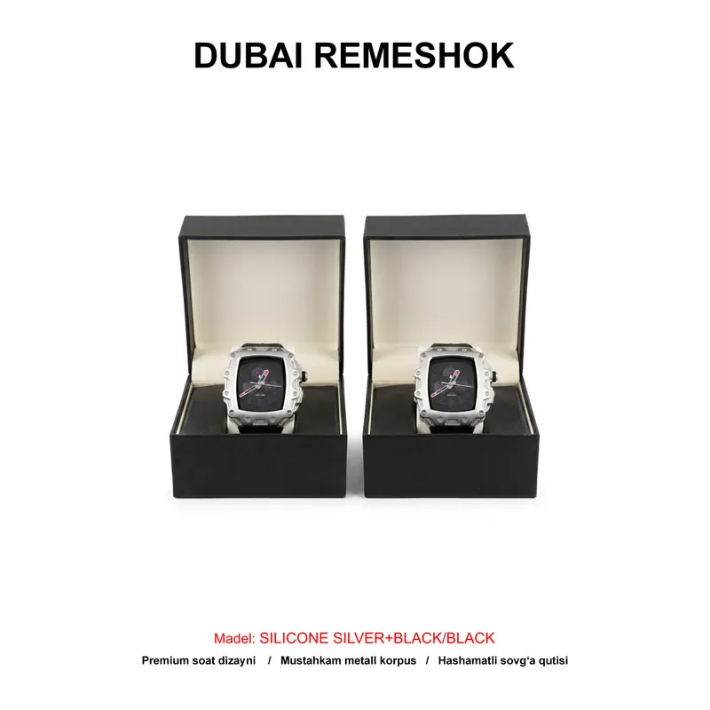 DUBAI REMESHOK 44-45mm LUX SILICONE SILVER+BLACK/BLACK