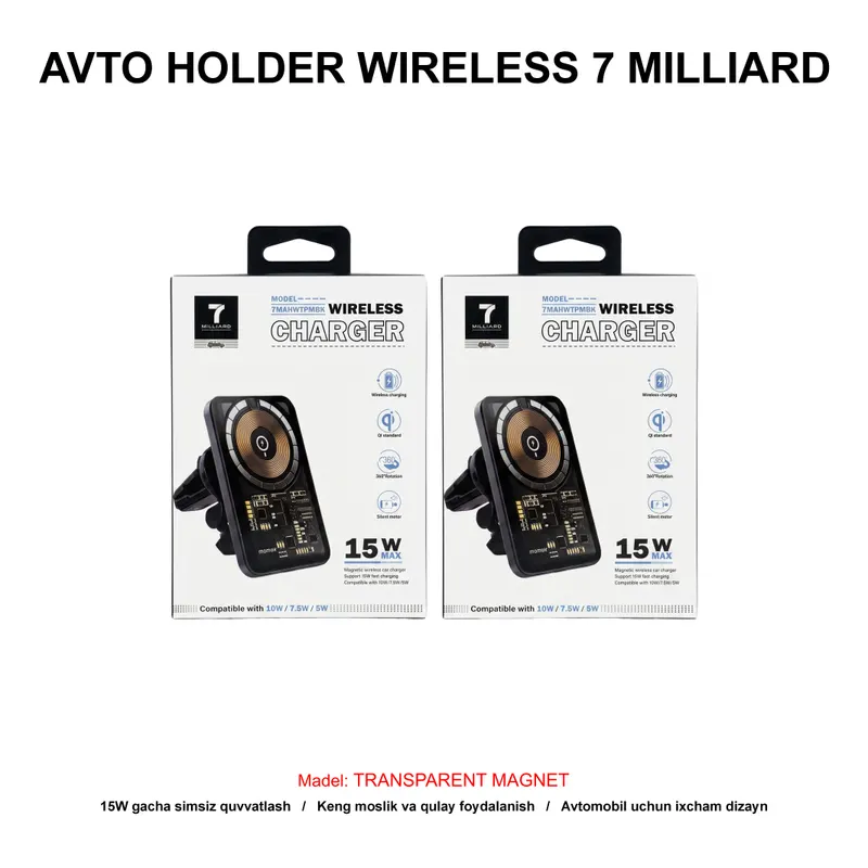 AVTO HOLDER WIRELESS 7 MILLIARD TRANSPARENT MAGNET 7MAHWTPMBK BLACK