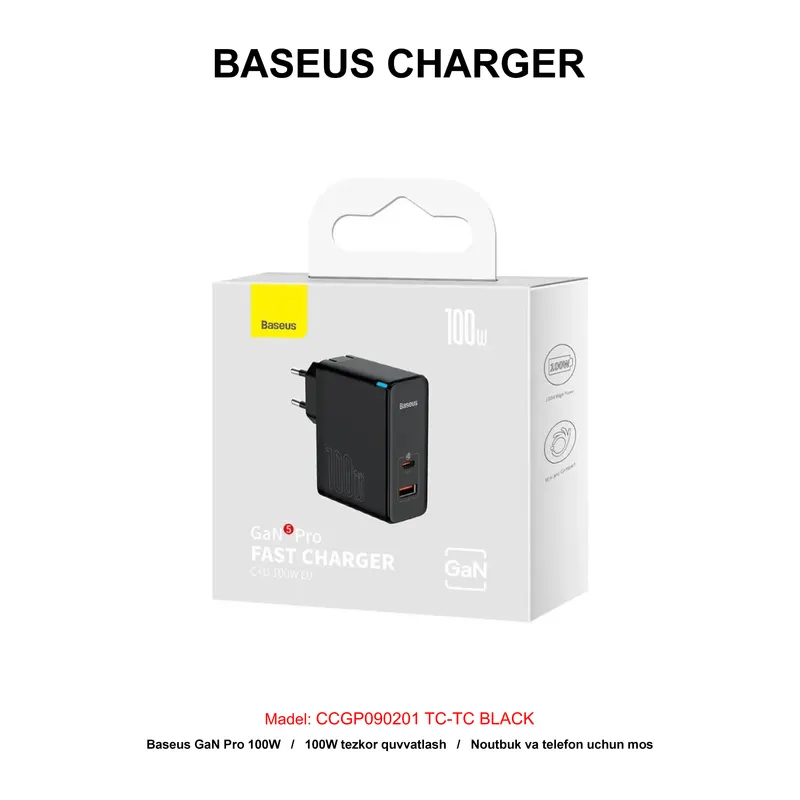 CHARGER BASEUS GAN 5 PRO 100W CCGP090201 TC-TC BLACK